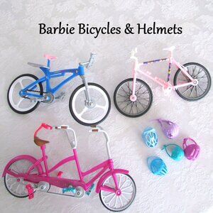 BARBIE BICYCLES, 3 INCLUDING 1 TANDEM BIKE +5 HELMETS for BARBIE & SMALL SIBLING